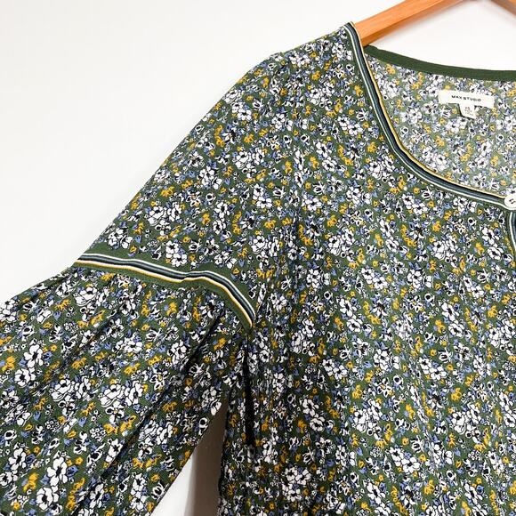 Max Studio Tiered Floral Long Sleeves Dress Sz‎ XS Relaxed Fit Green Multicolor - Picture 5 of 14